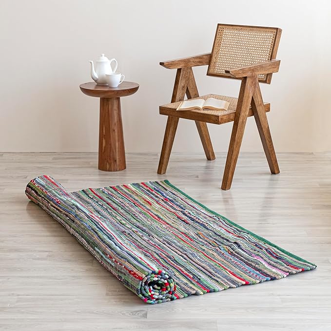 HOMEMONDE Boho Chindi Rag Rug 20"x32" Multi Green Recycled Soft Cotton Fabric Hand Crafted Reversible Boho Rugs for Entyrway, Doormat, Kitchen, Bedroom, Living Room