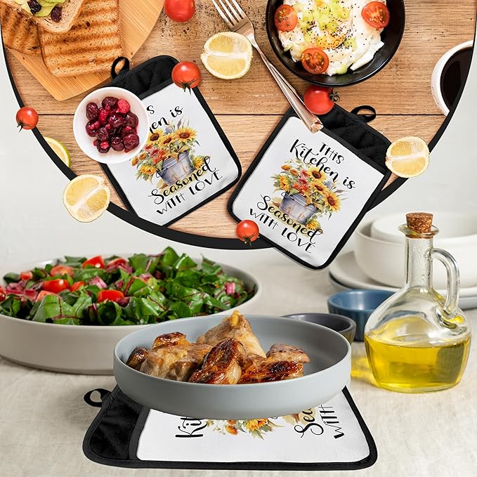 This Kitchen is Seasoned with Love Pot Holders with Pockets, Spring Floral Buckets Pot Holders Heat Resistant Oven Mitts Hot Pads for Kitchen Baking Cooking,Potholders for Kitchens