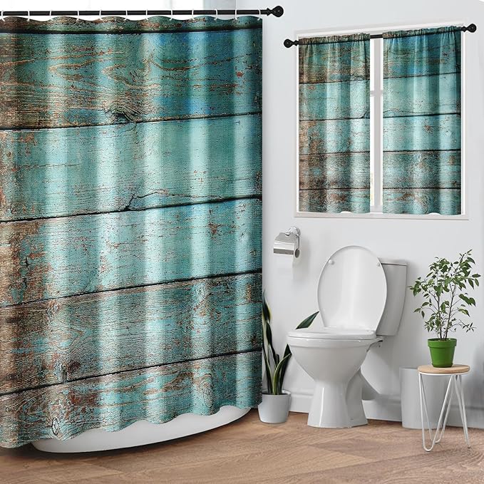 Culudea Turquoise Wooden Shower Curtain Set, Teal Green Blue Bathroom Window Waterproof Shower Curtain Set for Bathroom Decor