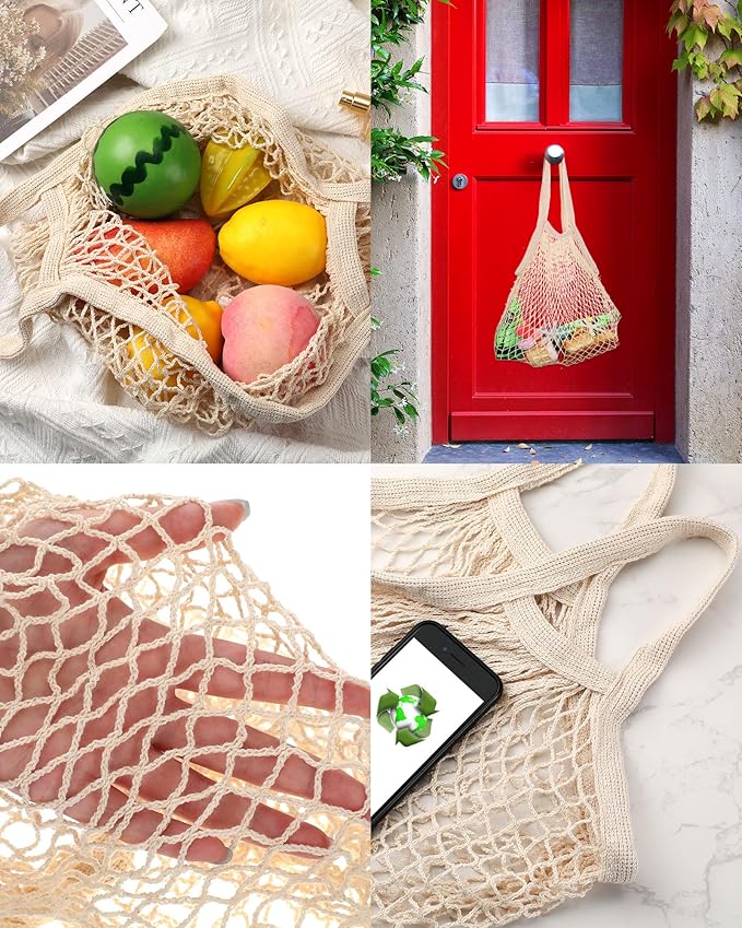 Eccliy 12 Pcs Reusable Mesh Grocery Bags Portable Cotton Produce Containers Washable Net Mesh Tote Bag Handle String Shopping(Beige)