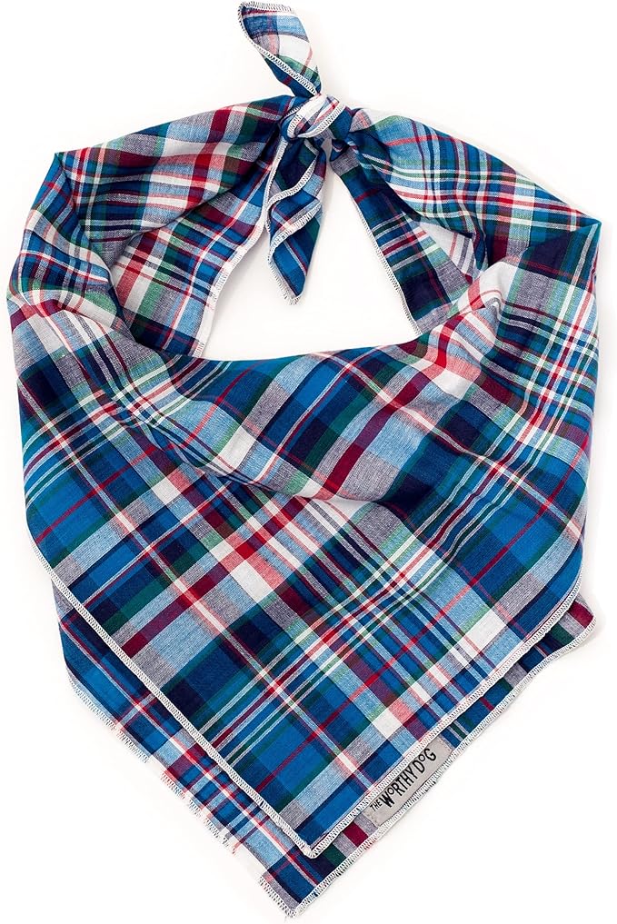 THE WORTHY DOG Classic Tie-On Dog Bandana – Soft Cotton Flannel Square Pet Bandana, Madras Plaid Classic Pattern, Blue/Navy/Multicolored, Large