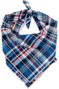 THE WORTHY DOG Classic Tie-On Dog Bandana – Soft Cotton Flannel Square Pet Bandana, Madras Plaid Classic Pattern, Blue/Navy/Multicolored, Large