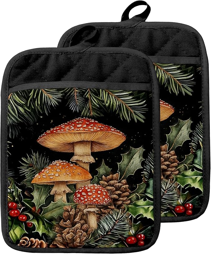 Dark Cottagecore Mushroom Pot Holders with Pockets, Vintage Botanical Floral Forest Mushroom Cottage Core Oven Pot Holders Heat Resistant Oven Mitts Hot Pads for Kitchen Baking Cooking