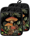 Dark Cottagecore Mushroom Pot Holders with Pockets, Vintage Botanical Floral Forest Mushroom Cottage Core Oven Pot Holders Heat Resistant Oven Mitts Hot Pads for Kitchen Baking Cooking