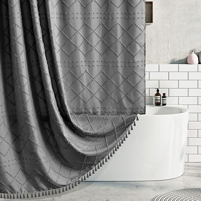 Extra Long Boho Grey Woven Fabric 84 Inch Shower Curtain 72 x 84 Tufted Chevron Striped Shabby Chic Textured, Modern Farmhouse Minimalist, Water Resistant Curtain Set for Bathroom, Hotel Decor