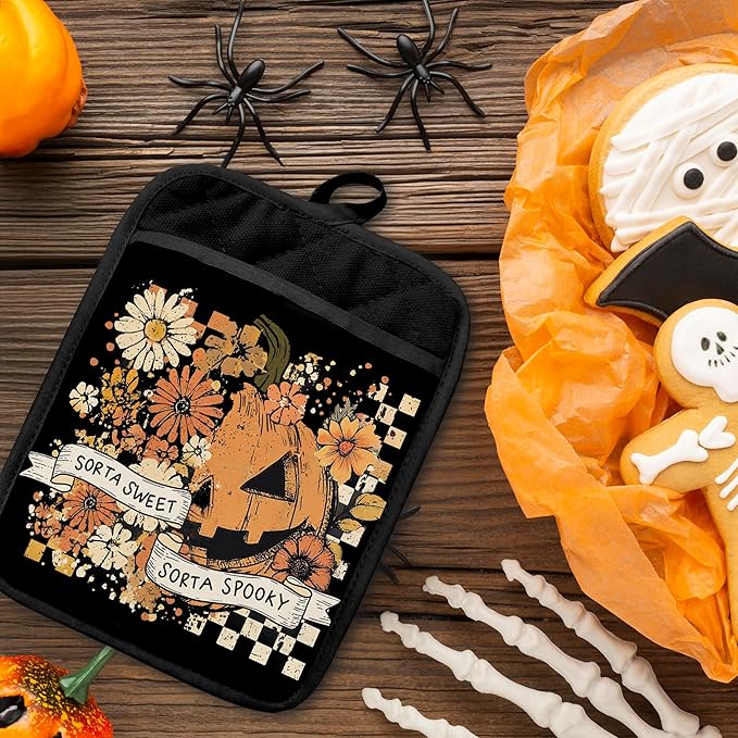 Halloween Pumpkin Floral Pot Holders with Pockets, Retro Checkered Rustic Fall Halloween Oven Pot Holders Heat Resistant Oven Mitts Hot Pads for Kitchen Baking Cooking