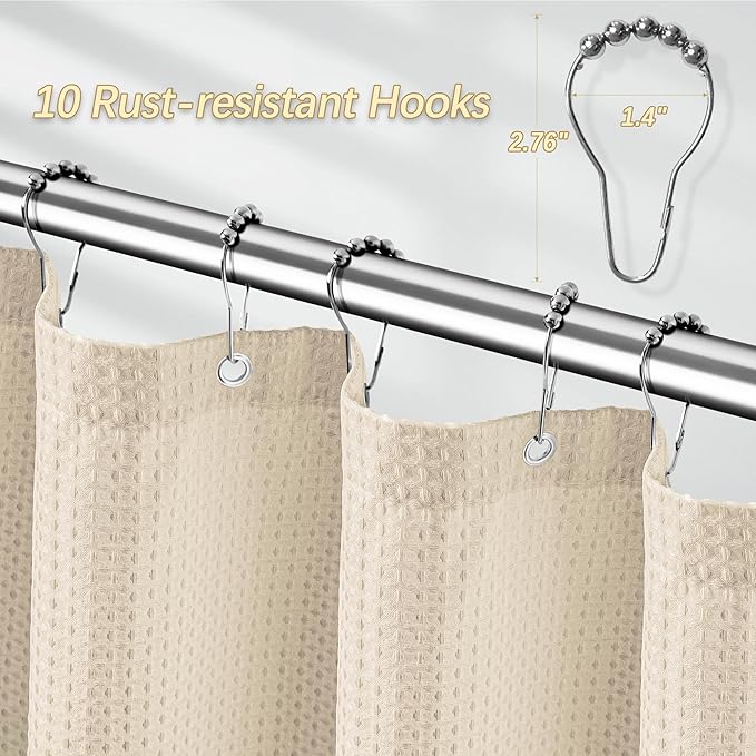 PANGSINNE Beige Fabric Shower Curtain - Waffle Textured Heavy Duty Shower Curtains for Bathroom, 256GSM Hotel Spa Luxury Weighted Bath Curtain with 10 Hooks, 60x72, Beige