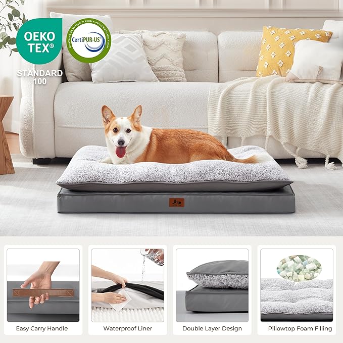 Warmrest 2-Pack Waterproof Dog Bed Medium Size Dogs, Plush Cushion & Orthopedic Egg-Crate Foam Mattress for Senior Dogs, Washable Dog Crate Bed with Removable Cover, Dark Grey