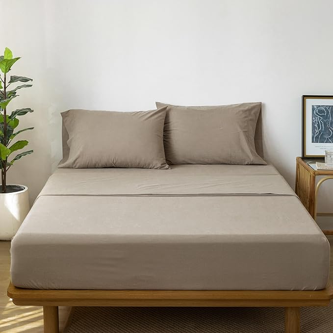 MooMee Bedding Sheet Set 100% Washed Cotton Linen Like Textured Breathable Durable Soft Comfy (Solid Mocha Brown, Split King)