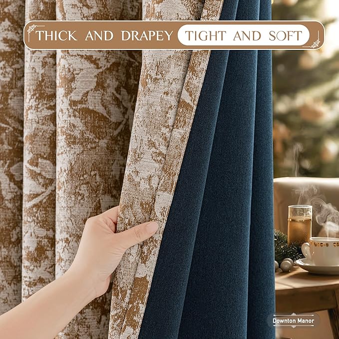 Beauoop Brown Floral Jacquard Blackout Curtains 63 Inches Long 2 Panels for Bedroom Living Room Chenille Flower Room Darkening Thermal Insulated Soundproof Grommet Window Treatments Drapes, 52x63