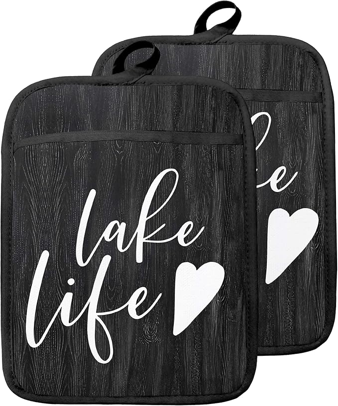 Lake Life Gifts Pot Holders with Pockets, Lake Life House Gifts for Cabin Owners Women Oven Pot Holders Heat Resistant Oven Mitts Hot Pads for Kitchen Baking Cooking (Black)