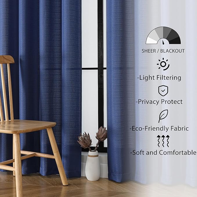 Lecloud Bessie Blue Curtains for Bedroom 72 Inches Long 2 Pcs, Airy Light Filtering Faux Linen Textured Window Curtains for Living Room Decor, Dual Rod Pocket Drapes, Each Panel 40" W x 72" L