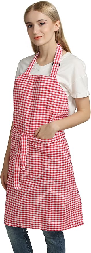 Vintage Gingham Kitchen Aprons Chef Bib Canvas Aprons Christmas Holiday Home Decorative 100% Pure Cotton Aprons in Large Size with Pockets Adjustable Neck Strap Long Ties Aprons(Red)
