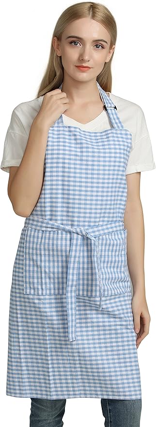 Vintage Gingham Kitchen Aprons Chef Bib Canvas Aprons Christmas Holiday Home Decorative 100% Pure Cotton Aprons in Large Size with Pockets Adjustable Neck Strap Long Ties Aprons(Blue)