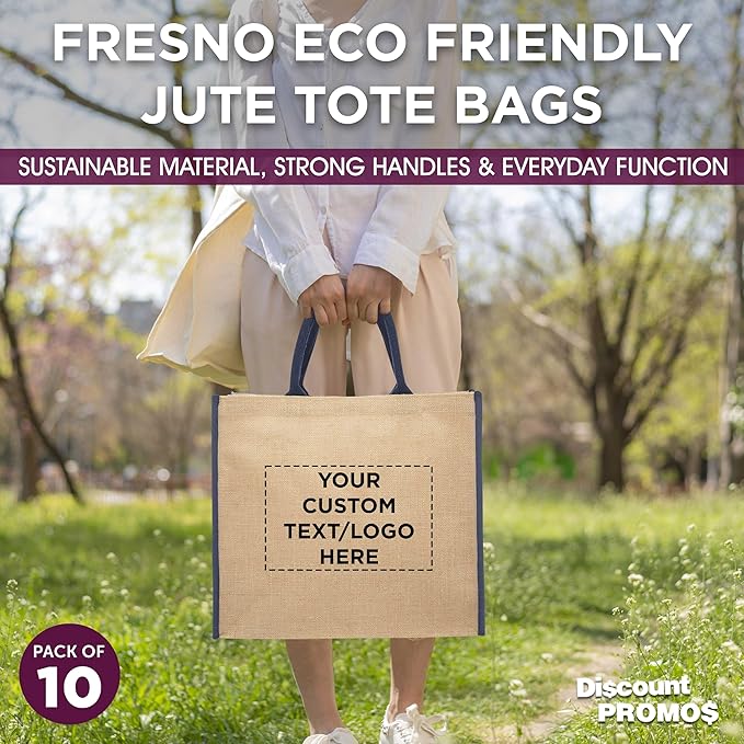DISCOUNT PROMOS Custom Fresno Eco Friendly Jute Tote Bags Set of 10, Personalized Bulk Pack - Reusable, Great for Tradeshows, Grocery, Shopping and Outdoor Events - Blue