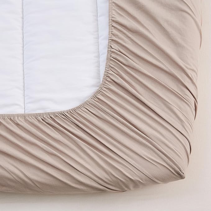 Simple&Opulence Belgian Linen Sheet Set Solid Color - 4 Pieces (1 Flat Sheet & 1 Fitted Sheet & 2 Pillowcases) Natural Flax Cotton Blend Soft Bedding Breathable Farmhouse - Khaki, King Size