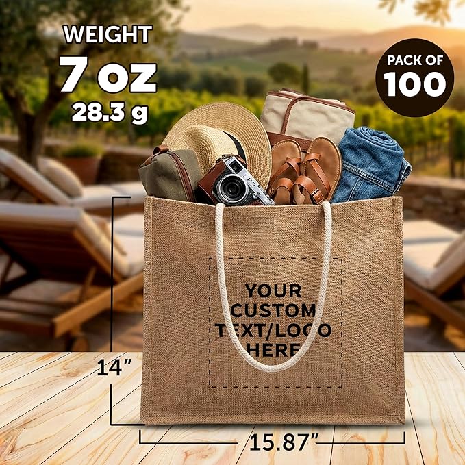 DISCOUNT PROMOS Custom Jute Bags with Rope Handle Set of 100, Personalized Bulk Pack - Reusable, Great for Shopping, Grocery, Promotional or Tradeshow - Natural
