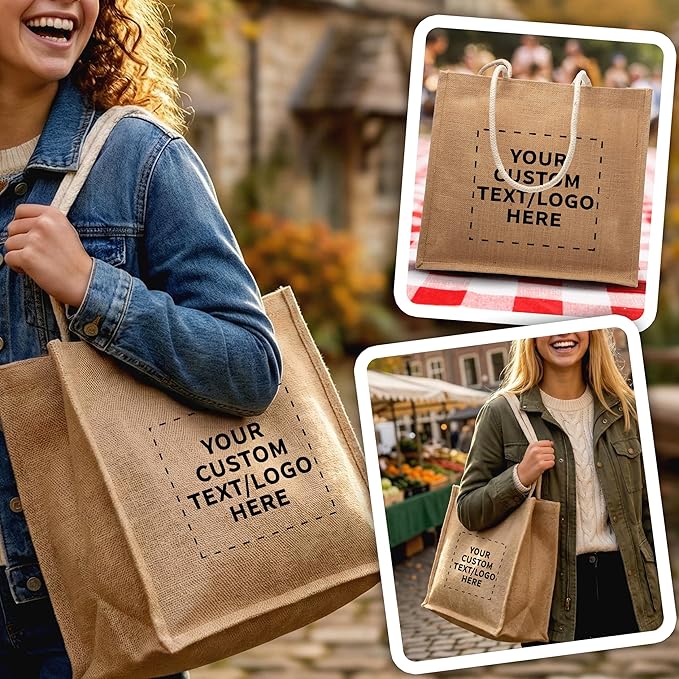 DISCOUNT PROMOS Custom Jute Bags with Rope Handle Set of 100, Personalized Bulk Pack - Reusable, Great for Shopping, Grocery, Promotional or Tradeshow - Natural