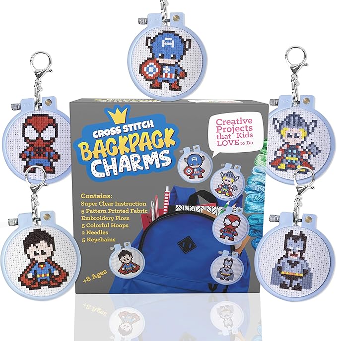 5 Stamped Superhero Cross Stitch Beginner Projects for Kids Needlepoint Starter kit Sewing Set for Backpack Charms…