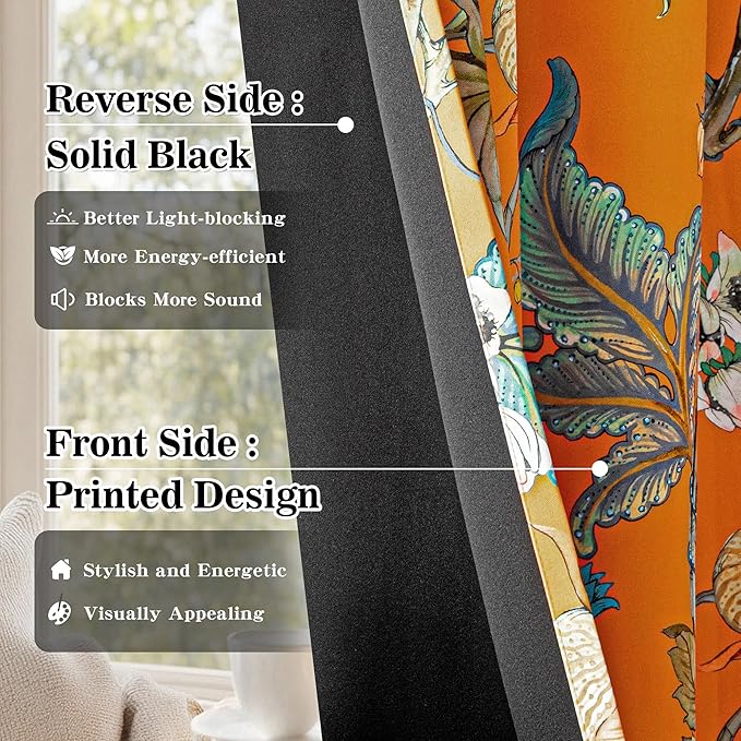 MYSKY HOME 95% Blackout Floral Curtains 63 Inches Long 2 Panels Set for Bedroom Thermal Insulated Light Blocking Curtain Printed Flower Vintage Style Grommet Top Drapes for Girls Room, 52" W, Orange