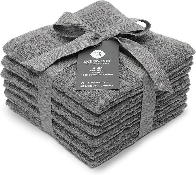 Mellow Buff 100% Cotton Terry Dish Cloth & Dish Towel, 6 Pack, Super Soft and Absorbent Kitchen Towels, Perfect for Kitchen Cleaning and Dish Washing (Grey 6 Pack)