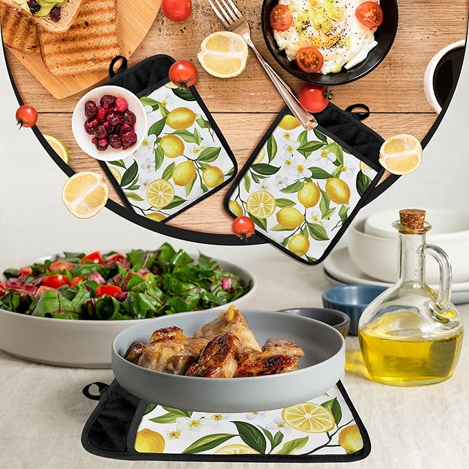 Lemon Gifts Pot Holders with Pockets, Yellow Lemon Fruit Pot Holders Heat Resistant Oven Mitts Hot Pads for Kitchen Baking Cooking,Potholders for Kitchens