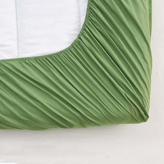 Simple&Opulence Belgian Linen Sheet Set Solid Color - 3 Pieces (1 Flat Sheet & 1 Fitted Sheet & 1 Pillowcase) Natural Flax Cotton Blend Soft Bedding Breathable Farmhouse - Khaki Green, Twin Size