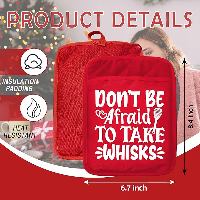 Funny Christmas Baking Pot Holders with Pockets, Don't Afraid to Take Whisks Holiday Christmas Oven Pot Holders Heat Resistant Oven Mitts Hot Pads for Kitchen Baking Cooking