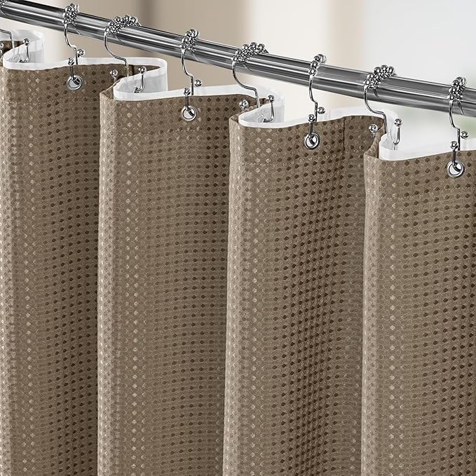 Vipfree 3 in 1 Shower Curtain Set, Waffle Shower Curtain and Liner Set with 12 Double Sided Shower Curtain Hooks, 258GSM Luxury Weighted Cloth Shower Curtains for Bathroom, 72 W x 84 H, Beige