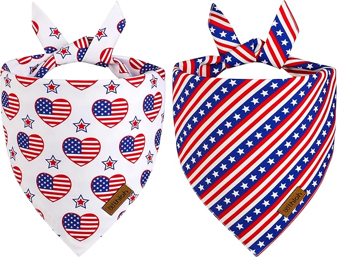 THLOH 4th of July Dog Bandanas - 2 Pack Reversible American Flag Pet Scarf for Boy and Girl | Premium Durable Fabric | Stripe Patriotic Bandana for Small Medium Large and Extra Large Dogs (Small)