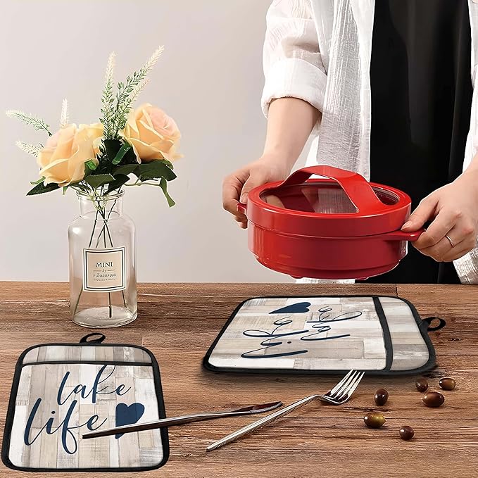 Lake Life Gifts Pot Holders with Pockets, Lake Life House Gifts for Cabin Owners Women Oven Pot Holders Heat Resistant Oven Mitts Hot Pads for Kitchen Baking Cooking (Cream)