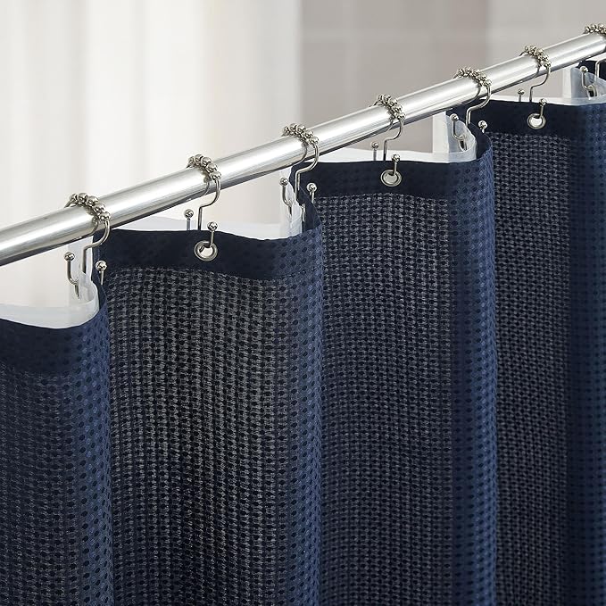 Lameirose 3 in 1 Waffle Shower Curtain Set, Shower Curtain and Liner Set with 12 Double Sided Shower Curtain Hooks, 72 x 84 Fabric Shower Curtains for Bathroom, Navy Blue