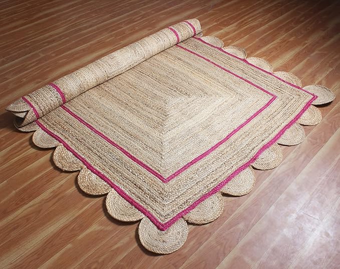 Scalloped Edge Rug, Hand Woven Natural Jute Area Rug, 12x15 Ft Beige & Pink Braided Sisal Kilim Rugs for Living Room, Kitchen, Entryway, Farmhouse