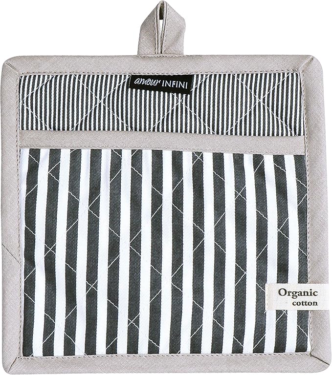 AMOUR INFINI Pot Holders Heat Resistant Cotton Set of 3 Nonslip 8"x8" Inch Hot Pads for Kitchen, BBQ, Baking & Cooking with Hanging Loops (Stripe Charcoal)
