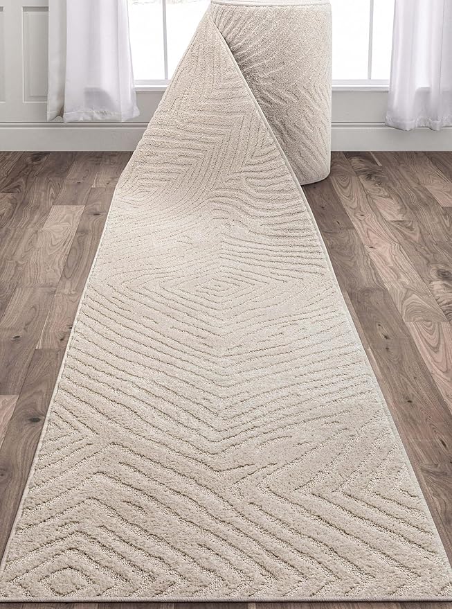 Well Woven Custom Size Hallway Stair Runner - Choose Your Length - 27 Inches Wide x 85 Feet Long Runner (27" x 85' Runner) Rug - Ivory Relajo Soft Touch, Modern Geometric - Hi-Lo Pile