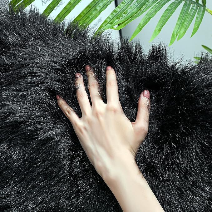Faux Fur Rug Sheepskin Shag Fluffy Fuzzy 5x7 ft Black Rugs for Bedroom Bedside Bed Floor Living Room Plush Rectangle High-Density Cushion Carpet Super Sofa Cover