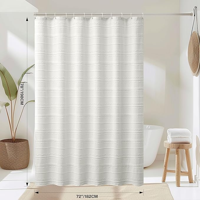 Lameirose Extra Long Farmhouse White Shower Curtain Boho, 72 x 78 Cotton Blend Tufted Weave Waffle Stripe Textured Heavy Duty, Fabric Shower Curtain for Bathroom, Hotel