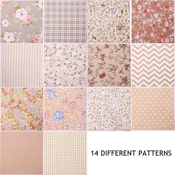 Hanjunzhao 42Pcs 10" Layer Cake Fabric - Vintage Brown Print Cotton Fabric Squares 10x10, Layer Cakes 10 inch Squares for Quilting, Sewing, Quilts, Bags, and Crafts - Light Coffee