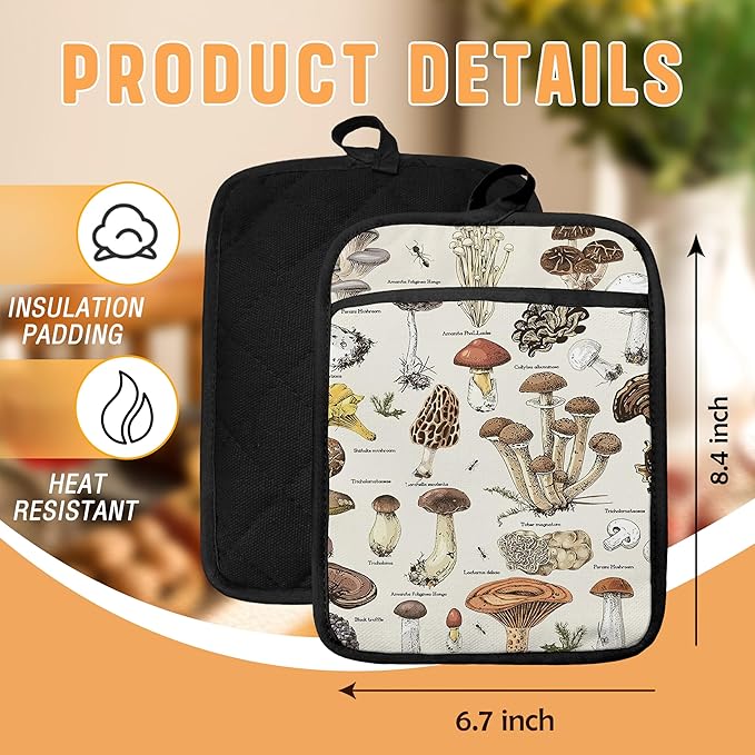 Mushroom Pot Holders with Pockets, Vintage Cottagecore Mushroom Oven Pot Holders Heat Resistant Oven Mitts Hot Pads for Kitchen Baking Cooking
