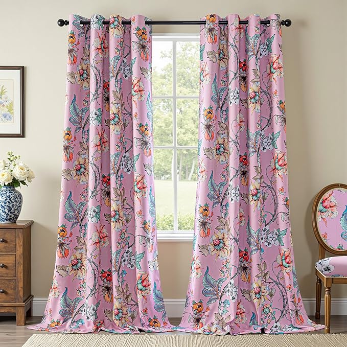 MYSKY HOME Floral Blackout Curtains 95 inches Long Black Out Thermal Insulated Privacy Protect Vintage Classical Flower Print for Living Room Dining Room Nursery Girls Bedroom, Pack-2, 52" x 95", Pink