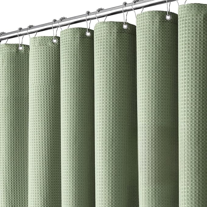 Inhousolu Fabric Shower Curtain Waffle Weave, Sage Green 230 GSM Heavy Duty, Weighted Hem, 12 Metal Hooks, Water Repellent, Machine Washable, Hotel Spa Luxury Bath Curtain Set, 60 x 72 Inch