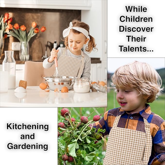 Kids Aprons for Cooking Waterdrop Resistant Aprons for Girl & Boy Toddler Apron for Painting, Gardening, Baking, Smock (Plaid Brown, Medium (6-10 years)