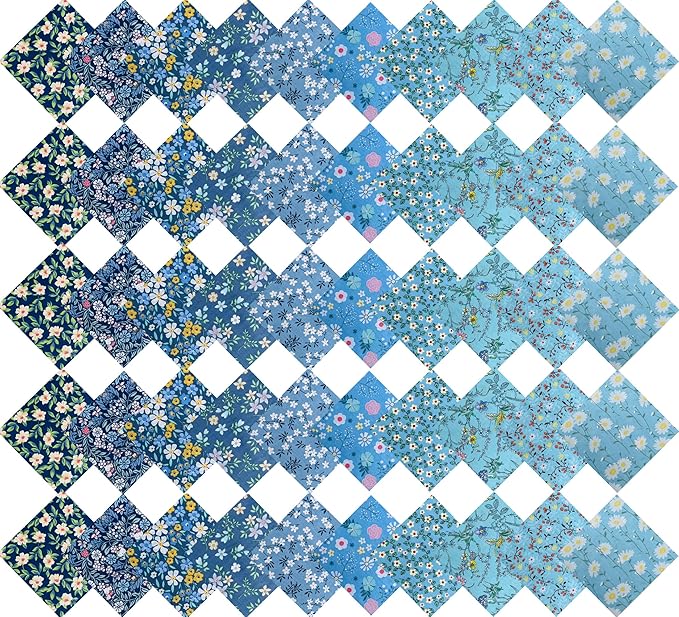 HANPATQUI 50PCS 5 x 5 inch Blue Printed 100% Cotton Fat Quarters Fabric for Sewing and Quilting Bundles Precut Fabric Square for DIY Craft Patchwork