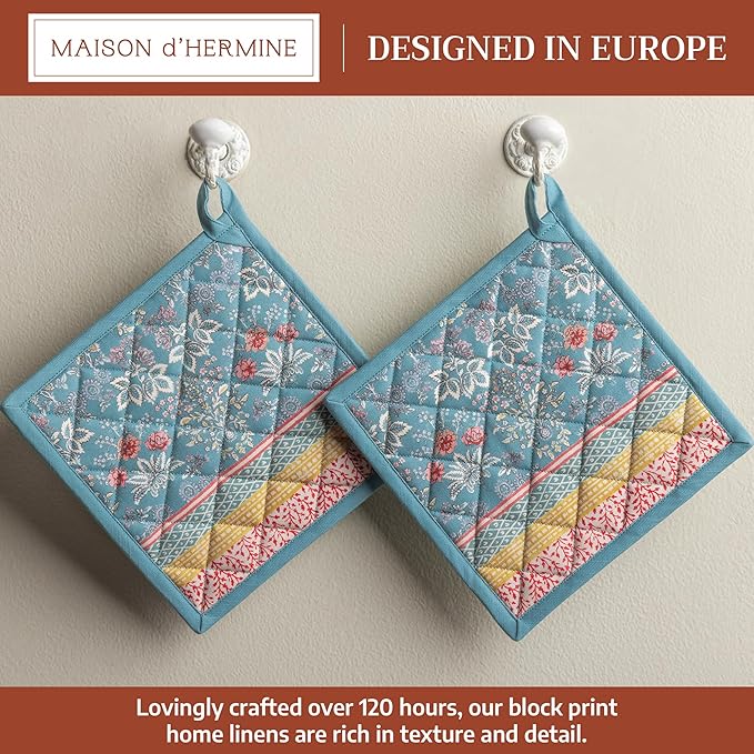 Maison d' Hermine Pot Holders Set 100% Cotton Heat Resistant Potholders 8" x 8" Hot Pads with Loop BBQ, Cooking, Baking, Grilling, Kitchen, Handling Hot Pans Spring/Summer (Pack of 2, Marquise)