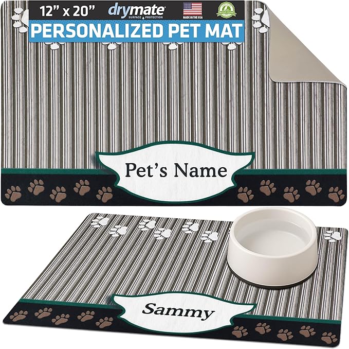 Drymate Personalized Pet Bowl Placemat, Custom Dog & Cat Food Feeding Mat - Absorbent Fabric, Waterproof Backing - Machine Washable/Durable (USA Made) (12" x 20") (Green Tan Paw)