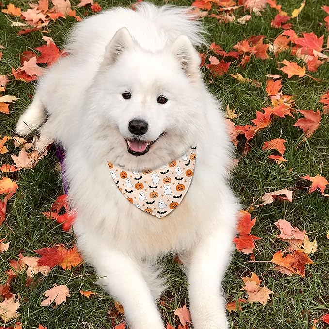 Halloween Dog Bandanas Reversible 2 Pack, Cute Pumpkin Ghost Bat Halloween Pet Bandanas for Dogs Set Adjustable Triangle Holiday Scarves for Medium Large Extra Large Boy Girl Dogs