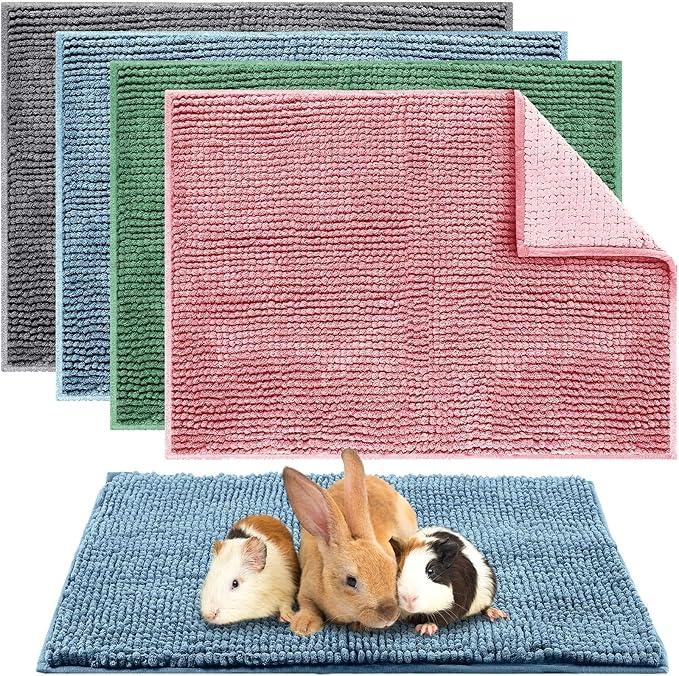 Amylove 4 Pcs Guinea Pig Cage Liner Guinea Pig Bedding Dog Door Mat for Muddy Pet Paws Washable Chenille Pee Pads Small Animal Sleeping Bed for Bunny Hamster(16 x 24 Inch,Rectangular,Mixed Color)