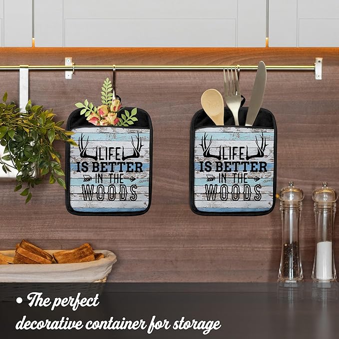 Hunting Cabin Gifts Pot Holders with Pockets, Life is Better in The Woods Moose Pot Holders Heat Resistant Oven Mitts Hot Pads for Kitchen Baking Cooking,Potholders for Kitchens