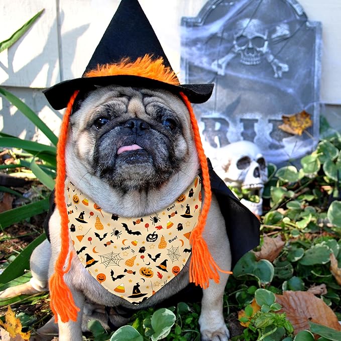 Halloween Dog Bandanas Reversible 2 Pack Large, Orange Black Spider Web Ghost Cute Halloween Pet Bandanas for Dogs Adjustable Triangle Holiday Scarves for Medium Large Extra Large Boy Girl Dogs