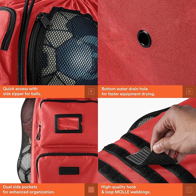 Fitdom Heavy Duty XL Soccer Mesh Equipment Ball Bag w/Adjustable Backpack Shoulder Strap Design for Coach. 2 Different Size Front Pockets for Sporting Accessories.